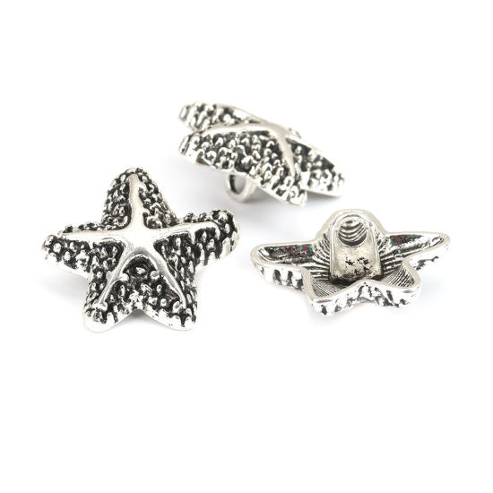 Picture of Zinc Based Alloy Ocean Jewelry Metal Sewing Shank Buttons Drilled Star Fish Antique Silver Color 23mm x 23mm, 20 PCs