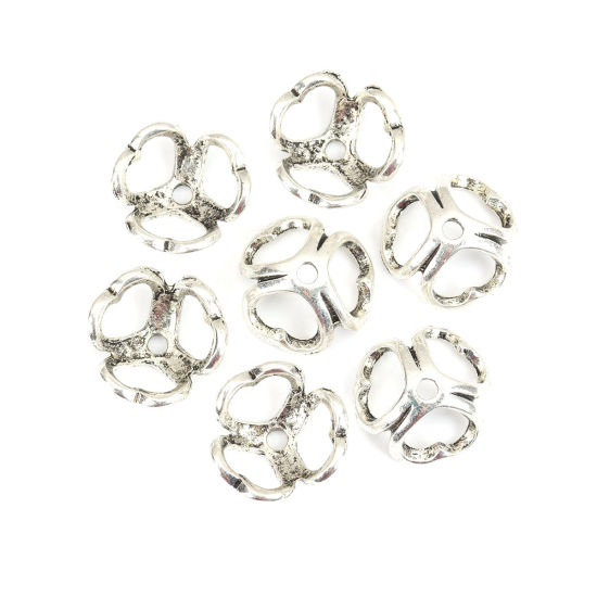 Image de Coupelles en Alliage de Zinc Fleur Cœur Argent Vieilli Creux (Convenable à Perle 18mm Dia.) 17mm x 16mm, 20 Pcs