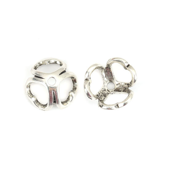 Image de Coupelles en Alliage de Zinc Fleur Cœur Argent Vieilli Creux (Convenable à Perle 18mm Dia.) 17mm x 16mm, 20 Pcs