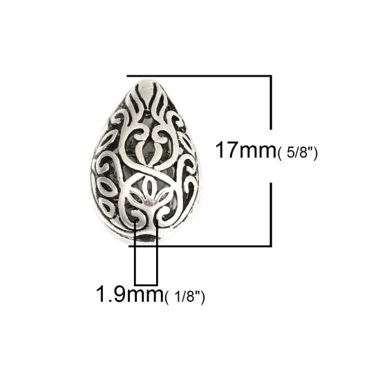Immagine di Lega di Zinco Perline Foro Goccia Argento Antico Filigrana Scolpisce Circa 17mm x 11mm, Foro:Circa 1.9mm, 10 Pz