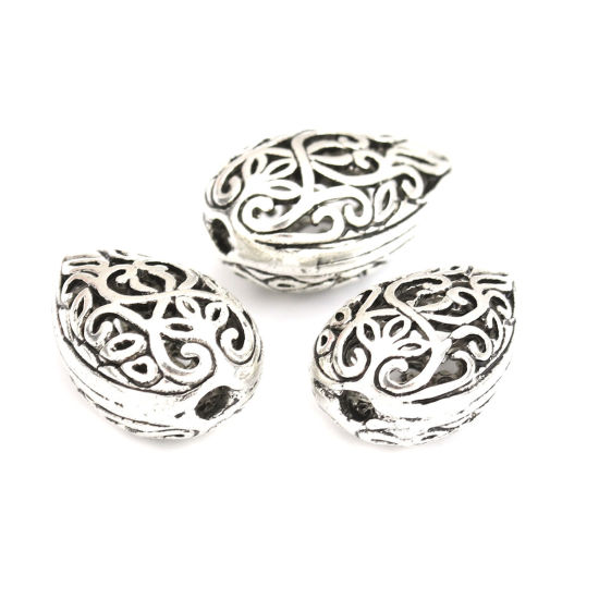 Immagine di Lega di Zinco Perline Foro Goccia Argento Antico Filigrana Scolpisce Circa 17mm x 11mm, Foro:Circa 1.9mm, 10 Pz