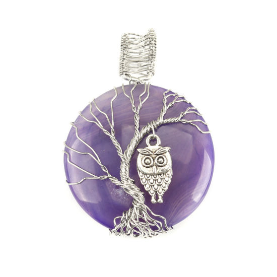 Picture of (Grade A) Agate ( Natural ) Pendants Round Silver Tone Blue Violet Tree Wrapped 5.8cm x 4cm, 1 Piece