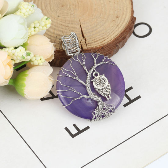 Picture of (Grade A) Agate ( Natural ) Pendants Round Silver Tone Blue Violet Tree Wrapped 5.8cm x 4cm, 1 Piece