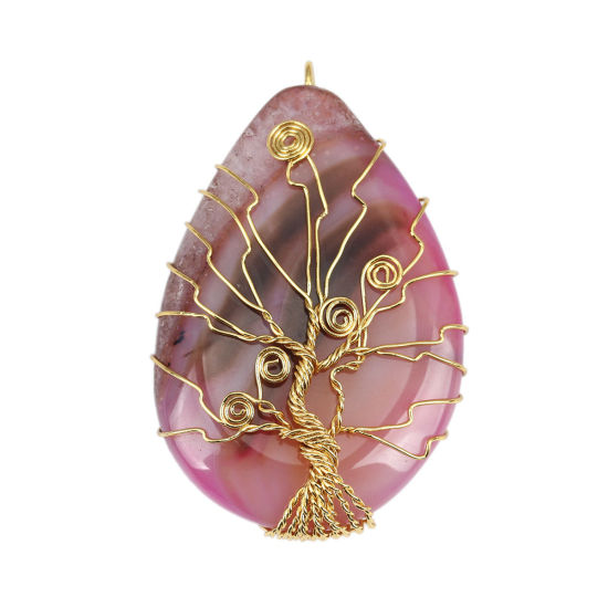 Picture of (Grade A) Agate ( Natural ) Pendants Drop Gold Plated Fuchsia Tree Wrapped 6cm x 3.9cm, 1 Piece