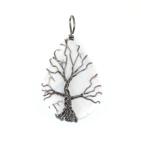 Picture of (Grade A) Agate ( Natural ) Pendants Drop Gunmetal White & Gray Tree Wrapped 5.5cm x 3.1cm, 1 Piece