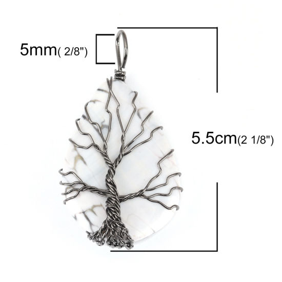 Picture of (Grade A) Agate ( Natural ) Pendants Drop Gunmetal White & Gray Tree Wrapped 5.5cm x 3.1cm, 1 Piece