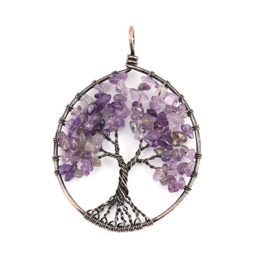 Picture of (Grade A) Crystal ( Natural ) Pendants Antique Copper Purple Round Tree Wrapped 6.5cm x 5cm, 1 Piece