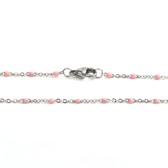 Picture of 304 Stainless Steel Link Cable Chain Necklace Silver Tone Pink Enamel 45cm(17 6/8") long, 1 Piece