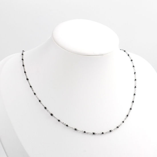 Picture of 304 Stainless Steel Link Cable Chain Necklace Silver Tone Black Enamel 45cm(17 6/8") long, 1 Piece