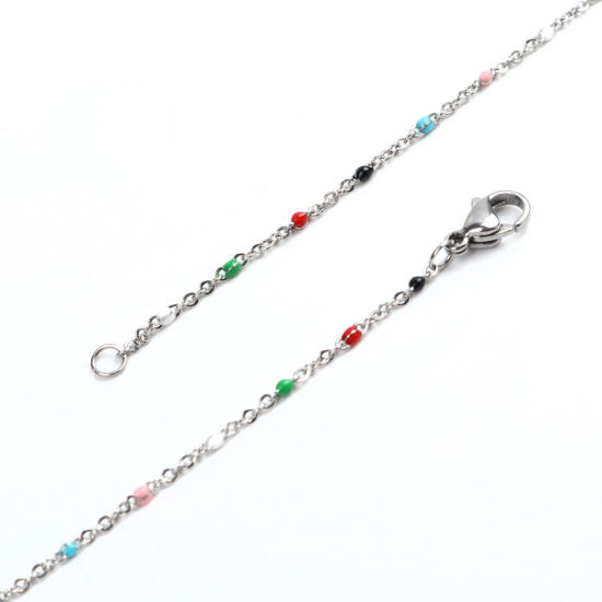 Bild von 304 Edelstahl Gliederkette Kette Halskette Silberfarbe Zufällig Mix Emaille 45cm lang, 1 Strang