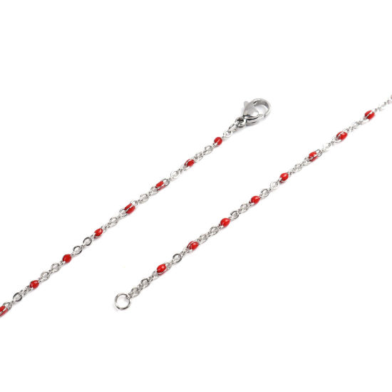Picture of 304 Stainless Steel Link Cable Chain Necklace Silver Tone Red Enamel 50cm(19 5/8") long, 1 Piece