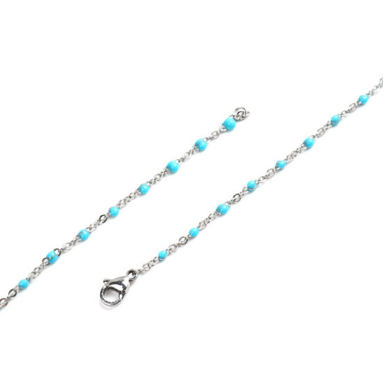 Bild von 304 Edelstahl Gliederkette Kette Halskette Silberfarbe Hellblau Emaille 50cm lang, 1 Strang