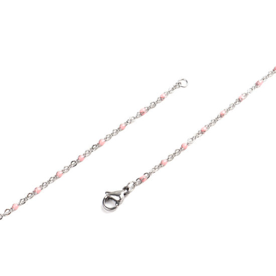 Picture of 304 Stainless Steel Link Cable Chain Necklace Silver Tone Pink Enamel 50cm(19 5/8") long, 1 Piece
