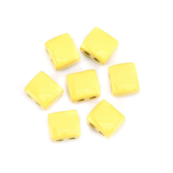 Picture of Zinc Based Alloy Enamel Spacer Beads Two Holes Rectangle Yellow About 9mm x 8mm, Hole: Approx 2.1mm, 10 PCs