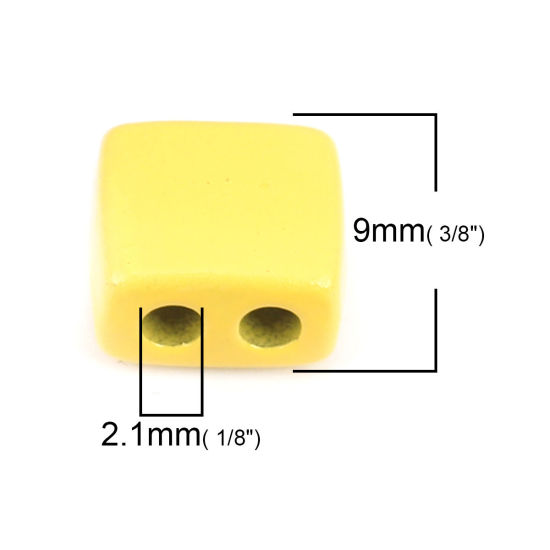 Picture of Zinc Based Alloy Enamel Spacer Beads Two Holes Rectangle Yellow About 9mm x 8mm, Hole: Approx 2.1mm, 10 PCs