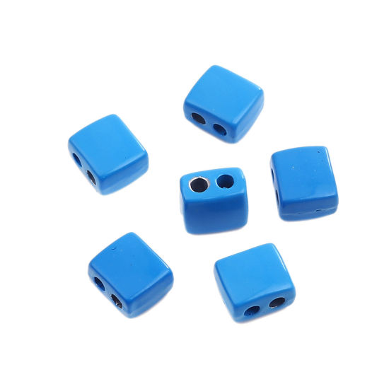 Picture of Zinc Based Alloy Enamel Spacer Beads Two Holes Rectangle Peacock Blue About 9mm x 8mm, Hole: Approx 2.1mm, 10 PCs