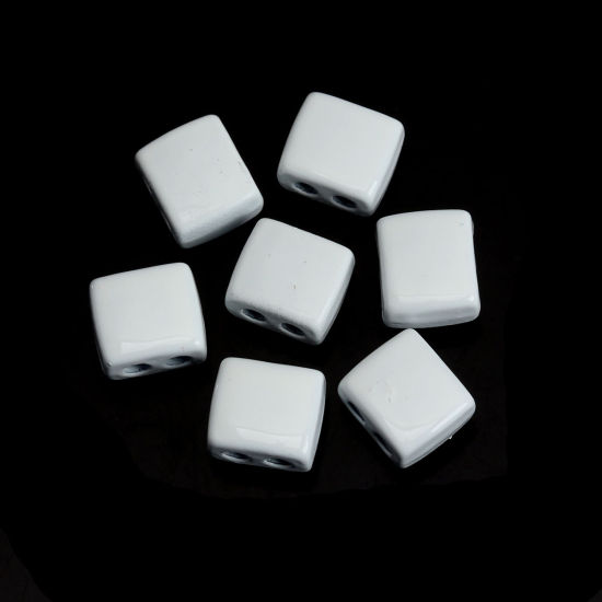 Image de Perles en Alliage de Zinc Émaillés Deux Trous Rectangle Blanc 9mm x 8mm, Trou: env. 2.1mm, 10 Pcs