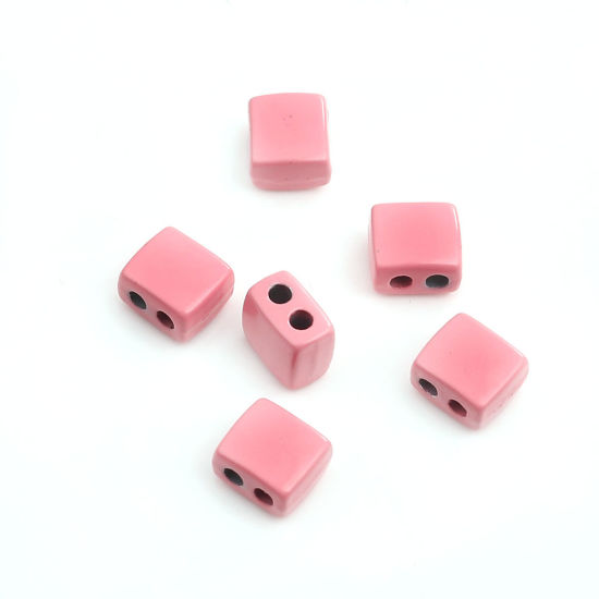 Picture of Zinc Based Alloy Enamel Spacer Beads Two Holes Rectangle Orange Pink About 9mm x 8mm, Hole: Approx 2.1mm, 10 PCs