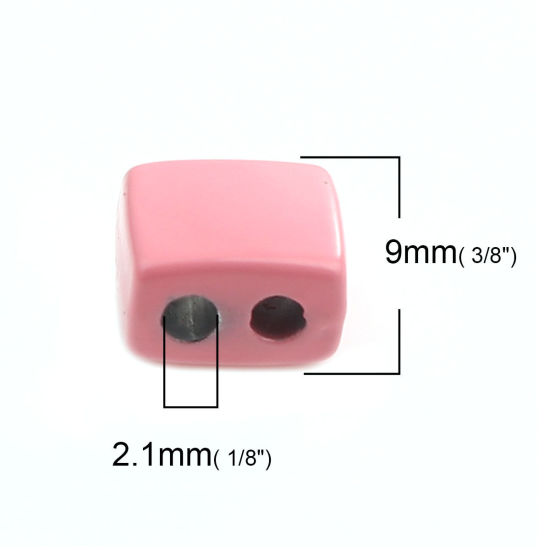 Picture of Zinc Based Alloy Enamel Spacer Beads Two Holes Rectangle Orange Pink About 9mm x 8mm, Hole: Approx 2.1mm, 10 PCs