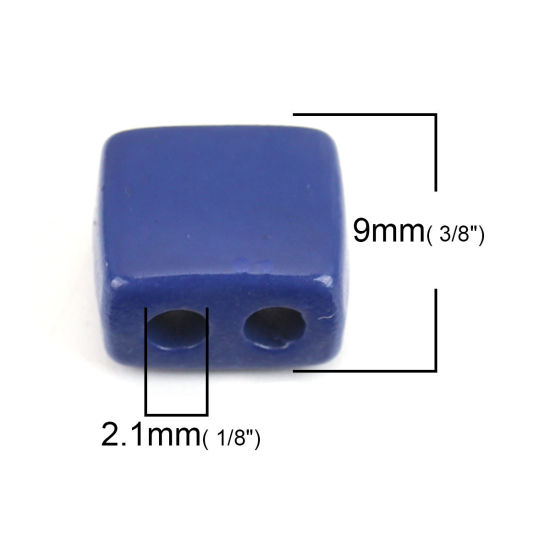 Picture of Zinc Based Alloy Enamel Spacer Beads Two Holes Rectangle Royal Blue About 9mm x 8mm, Hole: Approx 2.1mm, 10 PCs