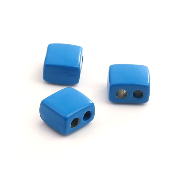 Picture of Zinc Based Alloy Enamel Spacer Beads Two Holes Rectangle Blue About 9mm x 8mm, Hole: Approx 2.1mm, 10 PCs