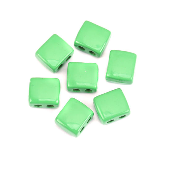 Picture of Zinc Based Alloy Enamel Spacer Beads Two Holes Rectangle Green About 9mm x 8mm, Hole: Approx 2.1mm, 10 PCs