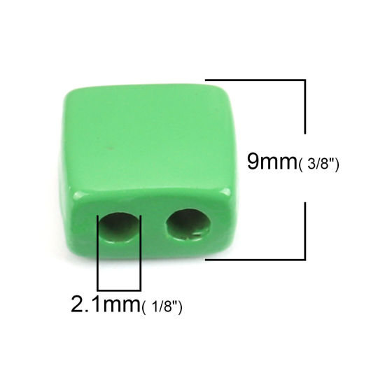 Picture of Zinc Based Alloy Enamel Spacer Beads Two Holes Rectangle Green About 9mm x 8mm, Hole: Approx 2.1mm, 10 PCs