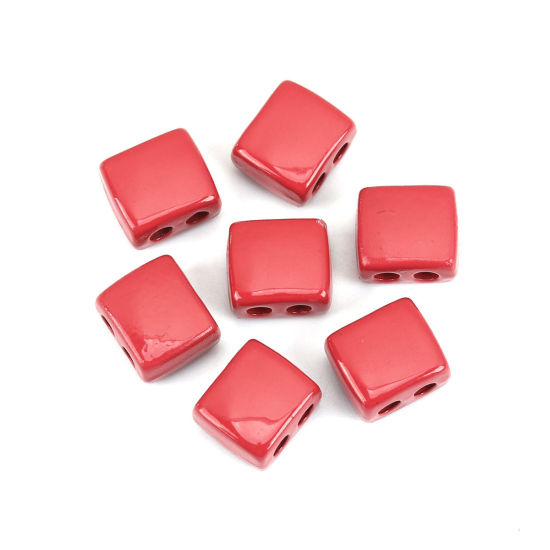 Picture of Zinc Based Alloy Enamel Spacer Beads Two Holes Rectangle Red About 9mm x 8mm, Hole: Approx 2.1mm, 10 PCs