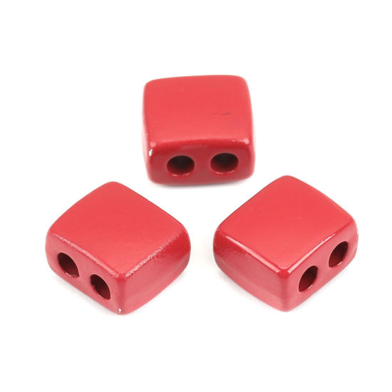 Picture of Zinc Based Alloy Enamel Spacer Beads Two Holes Rectangle Red About 9mm x 8mm, Hole: Approx 2.1mm, 10 PCs