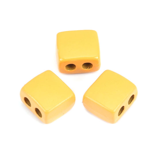 Picture of Zinc Based Alloy Enamel Spacer Beads Two Holes Rectangle Orange About 9mm x 8mm, Hole: Approx 2.1mm, 10 PCs