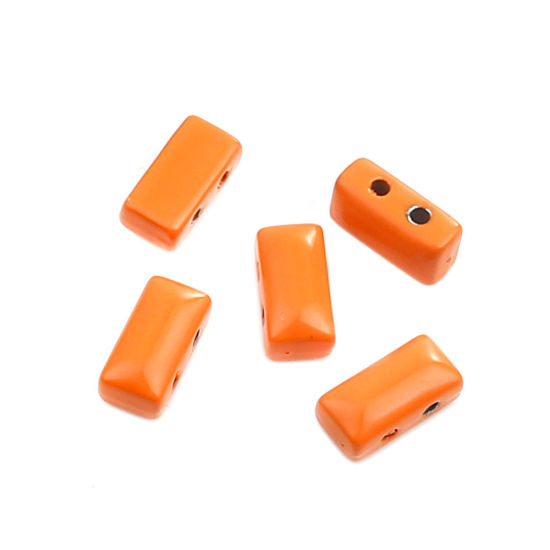 Image de Perles en Alliage de Zinc Émaillés Deux Trous Rectangle Orange 12mm x 6mm, Trou: env. 1.6mm, 10 Pcs
