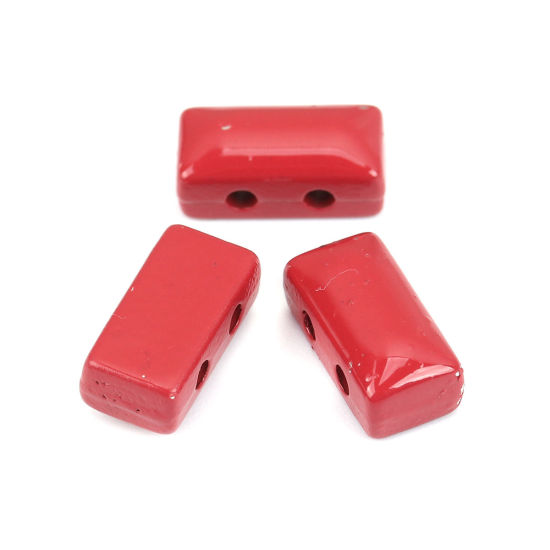 Picture of Zinc Based Alloy Enamel Spacer Beads Two Holes Rectangle Red About 12mm x 6mm, Hole: Approx 1.6mm, 10 PCs