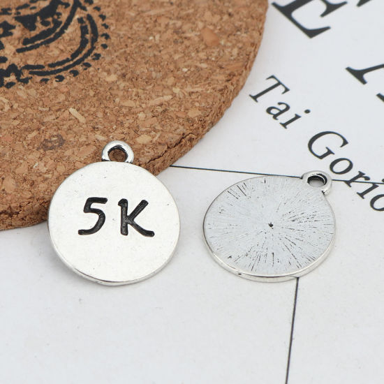 Изображение Цинковый Сплав Подвески Круглые Античное Серебро Сообщение " 5K " 23мм x 20мм, 10 ШТ