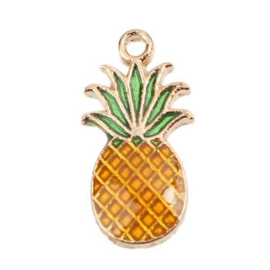 Picture of Zinc Based Alloy Charms Pineapple/ Ananas Fruit Gold Plated Green & Orange Enamel 17mm x 9mm, 20 PCs