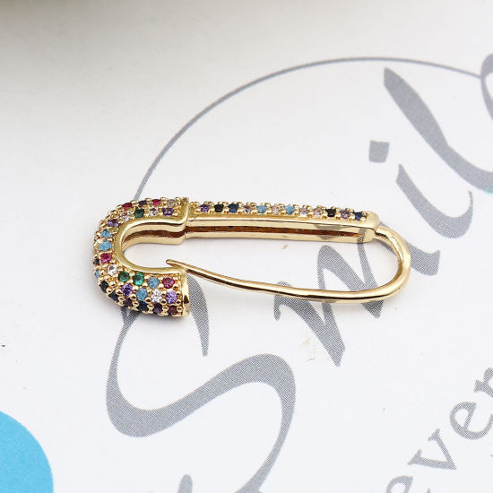 Picture of Brass & Cubic Zirconia Pin Brooches 18K Gold Plated Multicolor 27mm x 11mm, 1 Piece
