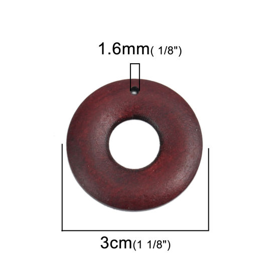 ウッド ペンダント 環状 赤 透かし 3cm、 10 個 の画像