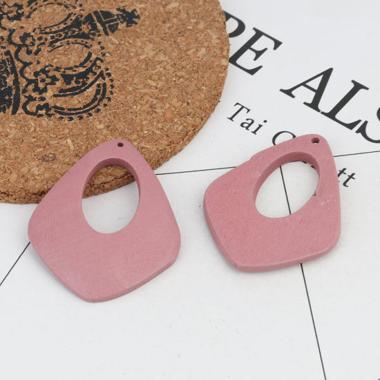 Picture of Natural Wood Pendants Drop Dark Pink Oval Hollow 4.5cm x 3.6cm, 10 PCs
