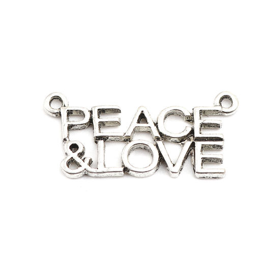 亜鉛合金 コネクターパーツ 銀古美 文字 " LOVE & PEACE " 28mm x 13mm、 20 個 の画像