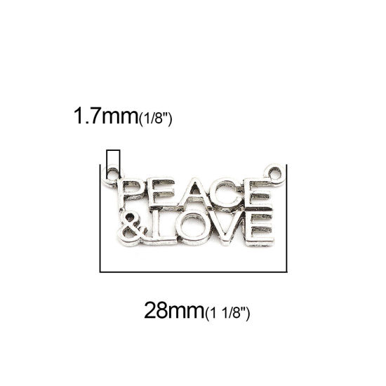 亜鉛合金 コネクターパーツ 銀古美 文字 " LOVE & PEACE " 28mm x 13mm、 20 個 の画像