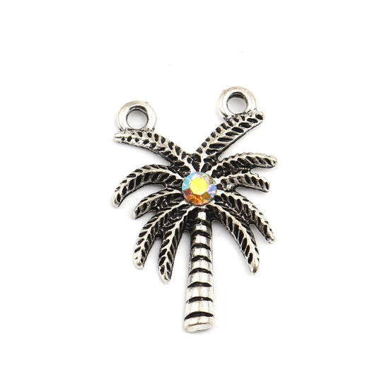 Imagen de Zamak Conectores Árbol de Coco Plata Antigua Multicolor Rhinestone 27mm x 18mm, 10 Unidades
