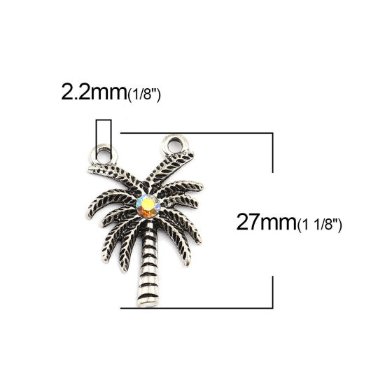 Imagen de Zamak Conectores Árbol de Coco Plata Antigua Multicolor Rhinestone 27mm x 18mm, 10 Unidades