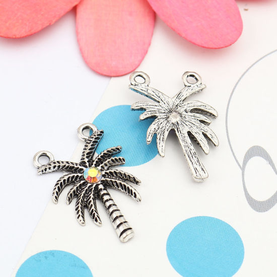 Imagen de Zamak Conectores Árbol de Coco Plata Antigua Multicolor Rhinestone 27mm x 18mm, 10 Unidades