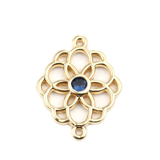 Picture of Brass Connectors Flower 18K Real Gold Plated Hollow Blue Rhinestone 20mm x 15mm, 2 PCs                                                                                                                                                                        