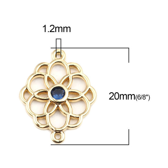 Picture of Brass Connectors Flower 18K Real Gold Plated Hollow Blue Rhinestone 20mm x 15mm, 2 PCs                                                                                                                                                                        