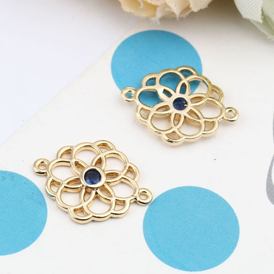 Picture of Brass Connectors Flower 18K Real Gold Plated Hollow Blue Rhinestone 20mm x 15mm, 2 PCs