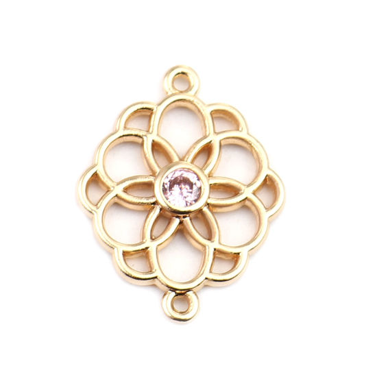 Picture of Brass Connectors Flower 18K Real Gold Plated Hollow Light Pink Rhinestone 20mm x 15mm, 2 PCs                                                                                                                                                                  
