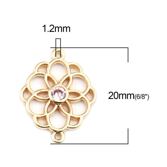 Picture of Brass Connectors Flower 18K Real Gold Plated Hollow Light Pink Rhinestone 20mm x 15mm, 2 PCs                                                                                                                                                                  