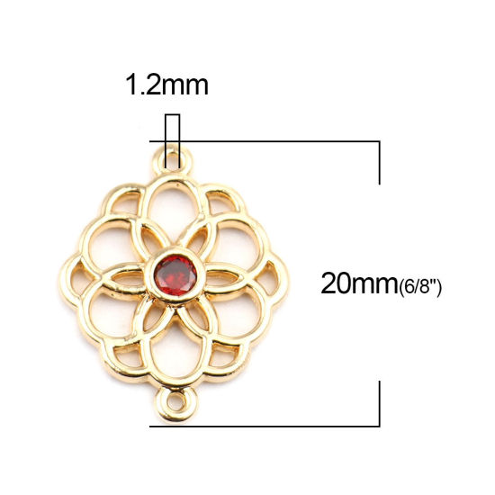 Picture of Brass Connectors Flower 18K Real Gold Plated Hollow Wine Red Rhinestone 20mm x 15mm, 2 PCs