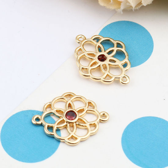 Picture of Brass Connectors Flower 18K Real Gold Plated Hollow Wine Red Rhinestone 20mm x 15mm, 2 PCs                                                                                                                                                                    