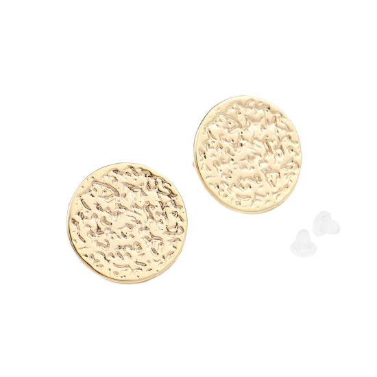 Immagine di Ottone Orecchini a Perno 18K Vero Oro Placcato Tondo W/ Loop 14mm Dia., Dimensione di Posta / Cavo: (21 misura), 4 Pz